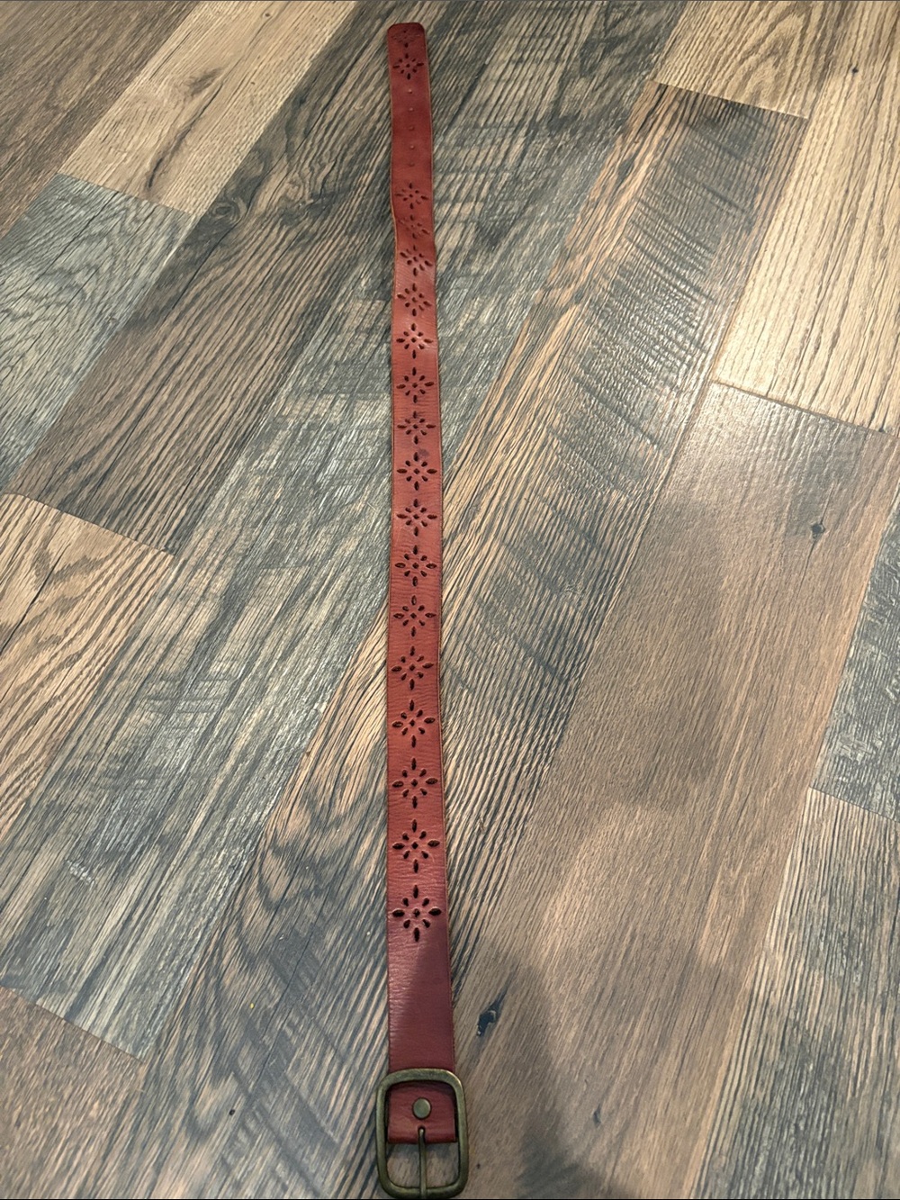 Aeropostale Red Leather Belt with Floral Perforations and Brass Buckle